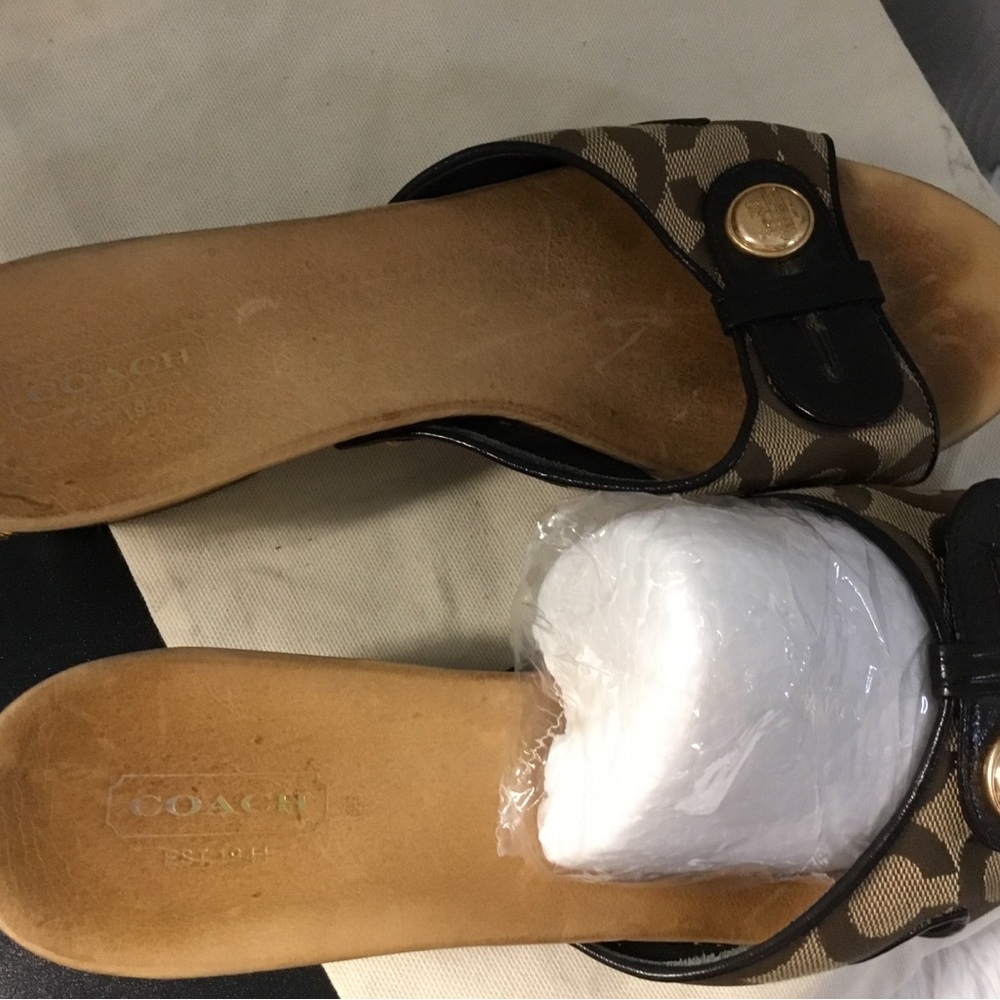 Coach Brown Signature Canvas Slide Sandals with Black Trim and Gold Buttons - Picture 6 of 8